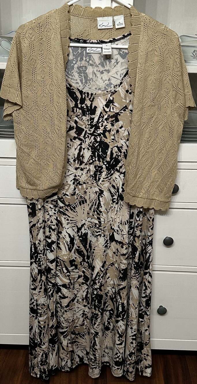 Kim Rogers Black Tan Leaf Print Maxi Dress with Gold Shimmer Cardigan Set XL